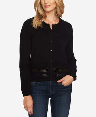 CeCe Women's Cotton Pointelle-TrimCardigan Sweater Black Size Large