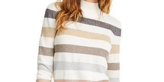 Maison Jules Women's Mock-Neck Metallic Stripe Sweater White Size XX-Large