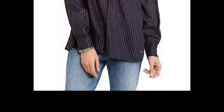 Tommy Hilfiger Women's Metallic Striped Split Neck Top Blue Size Small