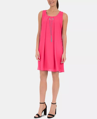 NY Collection Women's Keyhole Back Dress With Necklace Pink Size Petite Large