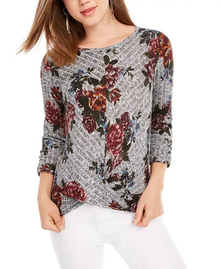 BCX Junior's Floral Print Twist Front Top Grey/Rose Size Small