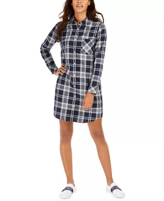 Tommy Hilfiger Women's Cotton Logo-Back Plaid Shirtdress Blue Size Small