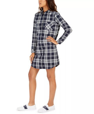 Tommy Hilfiger Women's Cotton Logo-Back Plaid Shirtdress Blue Size Small