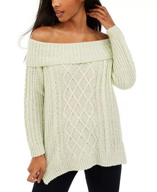 No Comment Women's Textured Printed Long Sleeve Off Shoulder Blouse Top Green -Size X-Large