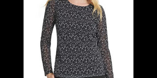 DKNY Women's Printed Sheer-Sleeve Top  Black  Size Small