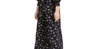 1.STATE Women's Navy Floral Long Sleeve Off Shoulder Tea-Length Shift Formal Dress Black Size Large