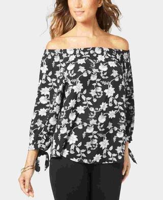 NY Collection Women's Printed Off The Shoulder Top Black Size Petite Large