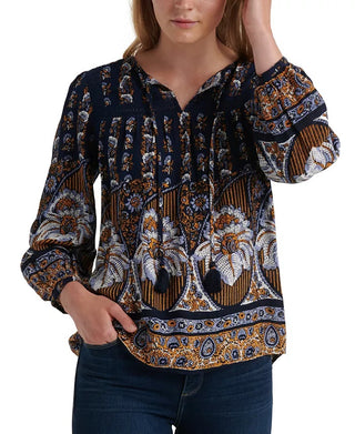 Lucky Brand Women's Printed Laura Lace Peasant Top Blue Size X-Small