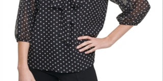 Calvin Klein Women's Blouse Small 3/4 Sleeve Tie Neck Black Size Small