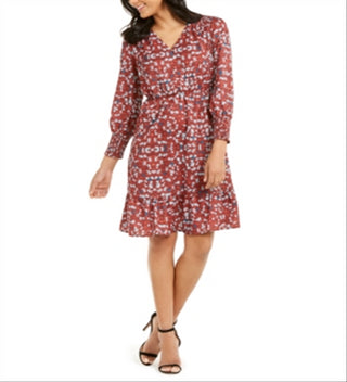 NY Collection Women's Printed Smocked Sleeve Dress Red Floral Size Petite X-Large