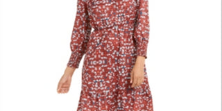 NY Collection Women's Printed Smocked Sleeve Dress Red Floral Size Petite X-Large