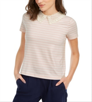 Maison Jules Women's Lace Detail Embellished T-Shirt Pink Size X-Small