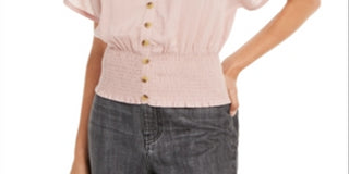 Planet Gold Women's Short Sleeve Button Down Top Pink Size Medium