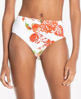 Rachel Roy Women's Floral Stretch Lined Bikini Moderate Coverage High Waisted Swimsuit Bottom White Size Medium