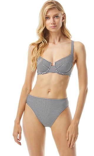 Michael Kors Women's Striped Stretch Tie Cross Back Bikini Sweetheart Adjustable Swimsuit Top Blue Size X-Small