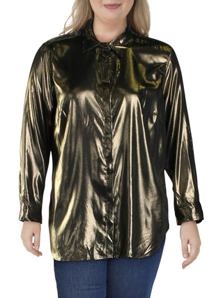 Ralph Lauren Women's Metallic Satin Shirt Yellow Size 2X