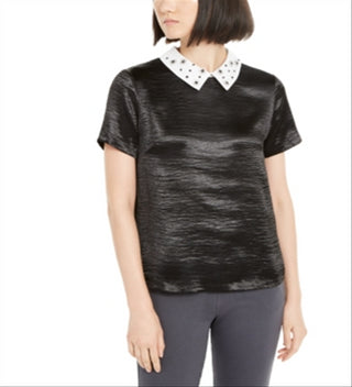 Monteau Women's Rhinestone Collar Top Black Size Petite