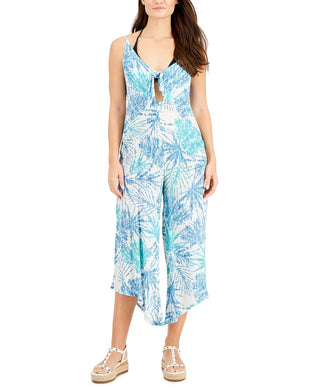 J Valdi Women's Printed Tie Front Cover up Jumpsuit Swimsuit Blue Size Small