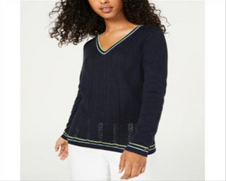 Tommy Hilfiger Women's Cotton Pointelle Sweater Blue Size X-Small