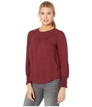 Lucky Brand Women's Smocked Cuff Top Tawny Port Red Size Small