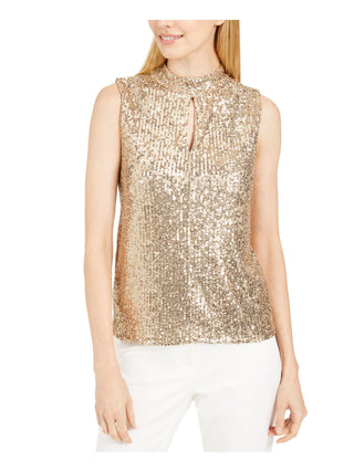 Calvin Klein Women's Gold Stretch Sequined Keyhole Sleeveless Mock Neck Party Top Yellow Size X-Small