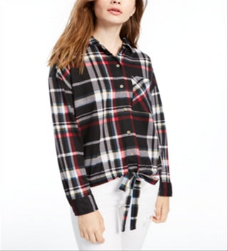 Polly & Esther Junior's Soft Drawstring Hem Plaid Shirt Black- Size X-Large