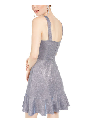BCX Women's Glitter Ruffled Solid Spaghetti Strap Halter Short Fit Flare Party Dress Gray Size 3