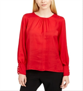 Calvin Klein Women's Pleated Side Slit Blouse Red Size Petite L