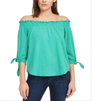 Maison Jules Women's Pinstripe 3/4 Sleeve Off Shoulder Top Green Size S