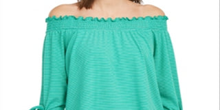 Maison Jules Women's Pinstripe 3/4 Sleeve Off Shoulder Top Green Size S