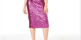 Rachel Roy Women's Sequined Short Sleeve Halter Below the Knee Body Con Evening Dress Pink Size Medium