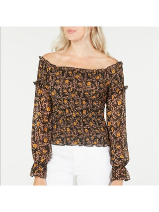Lucy Paris Women's Isabella Crop Top Sheer Blouse Sleeves Ruffee Brown Size Medium