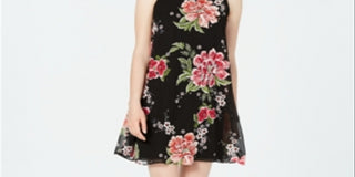 Robbie Bee Women's Embroidered Floral Overlay Dress Black Size 4 P