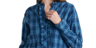 Lucky Brand Women's Audrey Ruffle Plaid Tunic Shirt Blue Size Large