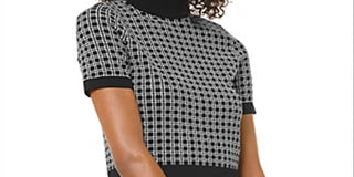 Michael Kors Women's Check Print Mock Neck Top -Black Size Small