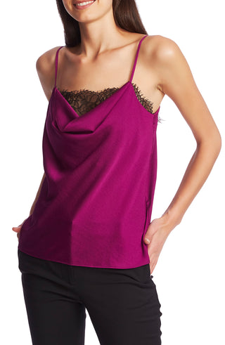 1.STATE Women's Lace Inset Hammered Satin Camisole Top -Purple Size Small