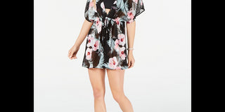 Miken Junior's Hibiscus Printed Chiffon Kimono Cover up Dress Black Size -S