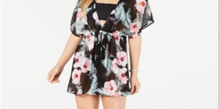 Miken Junior's Hibiscus Printed Chiffon Kimono Cover up Dress Black Size -S