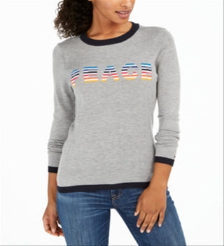 Tommy Hilfiger Women's Rainbow Peace Ringer Sweater Gray Size X-Large