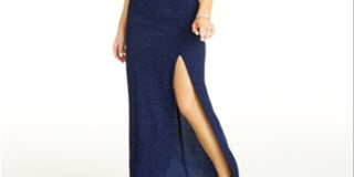 Speechless Women's Glitter Slitted Spaghetti Strap Square Neck Maxi Formal Dress Juniors All Blue Size 13