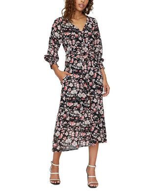 Sanctuary Women's Tie Waist Floral 3/4 Sleeve V Neck MIDI Party Dress Black Size 2