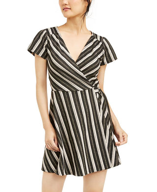 Crystal Dolls Women's Striped Short Sleeve V Neck Short Fit Flare Dress Black Size XX-Large