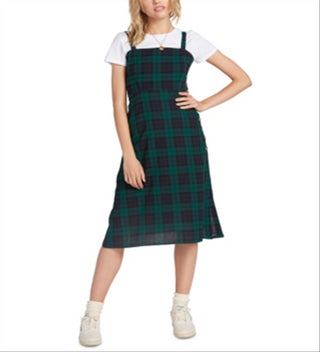 Volcom Junior's Cotton Plaid a Line Dress Green Size S