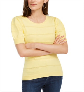 Maison Jules Women's Pointelle Puff Sleeves Sweater Yellow Size XXL