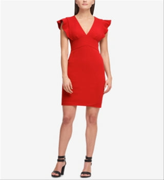 DKNY Women's V neck Sheath with Ruffle Sleeve Dress Red Size 4