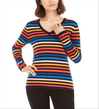 Tommy Hilfiger Women's Cotton Striped V Neck Sweater Blue Size Large