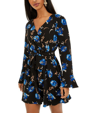 As U Wish Junior's Surplice Floral Print Dress Black Size XX-Small