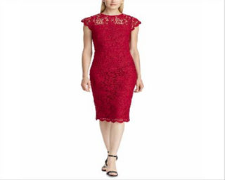 Ralph Lauren Women's Sleeveless Illusion Neckline MIDI Sheath Wear to Work Dress Red Size 6
