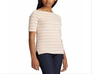 Ralph Lauren Women's Stripe Print Boatneck Stretch Top Pink Size Medium