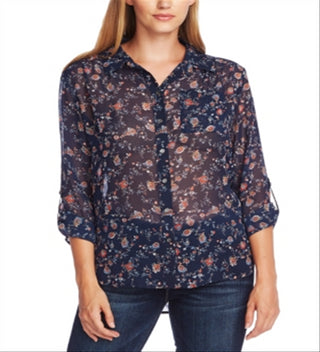 Vince Camuto Women's Ditsy Floral Shirred Shoulder Blouse Blue Size XX-Small